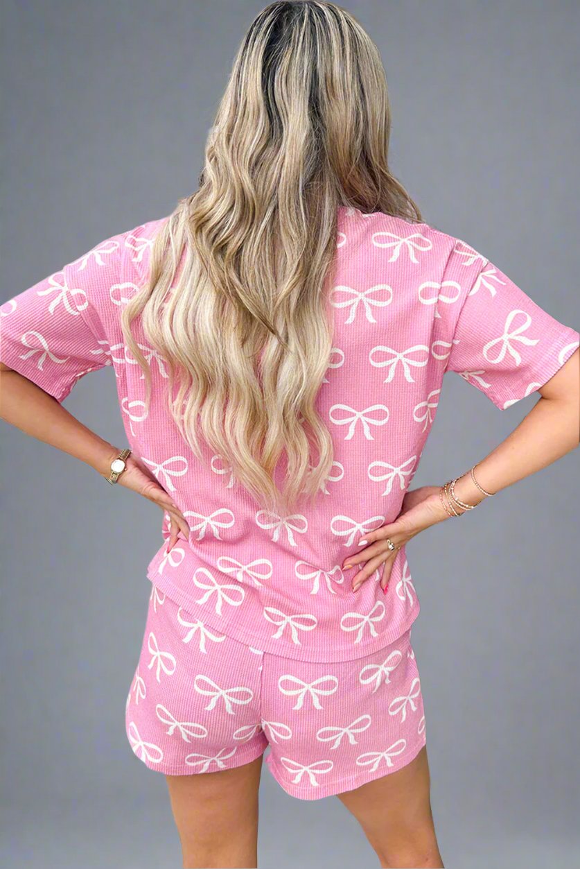 Pink Waffle Knit Bowknot Printed V Neck T Shirt And Shorts Set