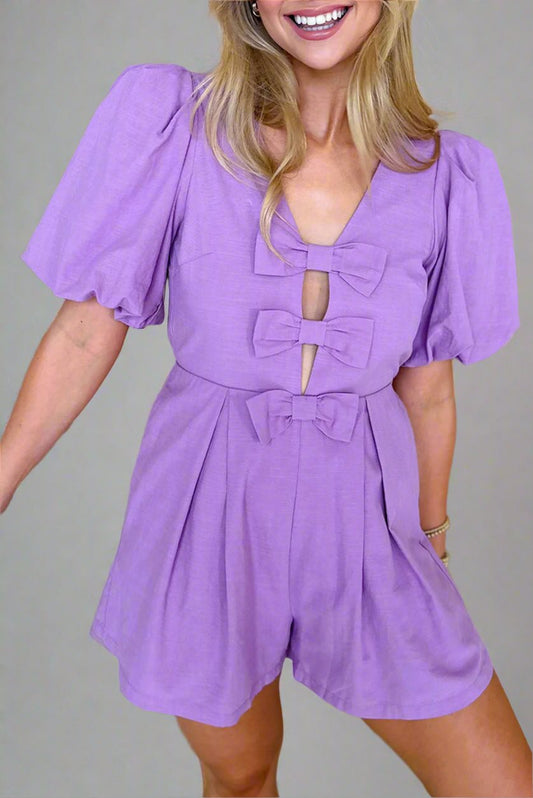 Wisteria Solid Color Bow Puff Sleeve High Waist Romper