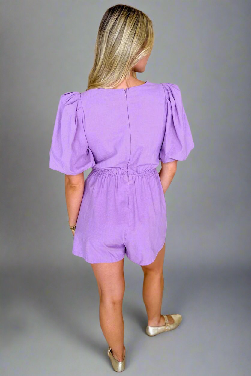 Wisteria Solid Color Bow Puff Sleeve High Waist Romper