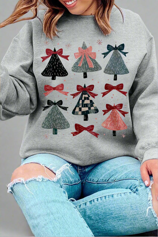 Gray Christmas Tree Bow Knot Print Drop Shoulder Sweatshirt