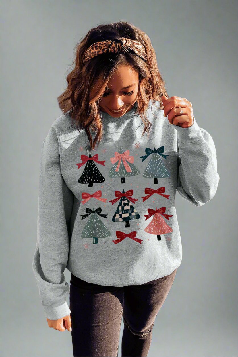 Gray Christmas Tree Bow Knot Print Drop Shoulder Sweatshirt