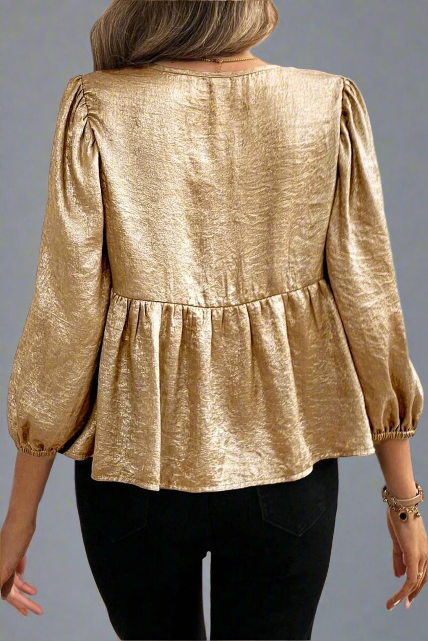 Gold Solid Color Bowknot Front Puff Sleeve Blouse