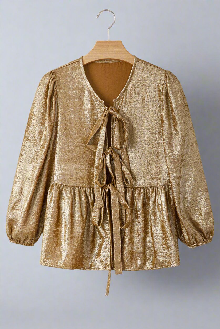 Gold Solid Color Bowknot Front Puff Sleeve Blouse