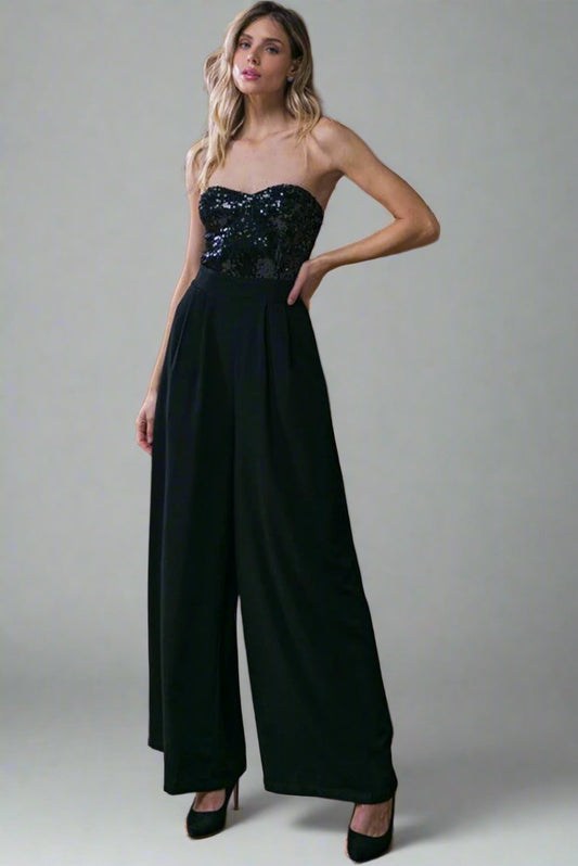 Black Sequin Tube Top Floor Length Wide Leg Jumpsuit