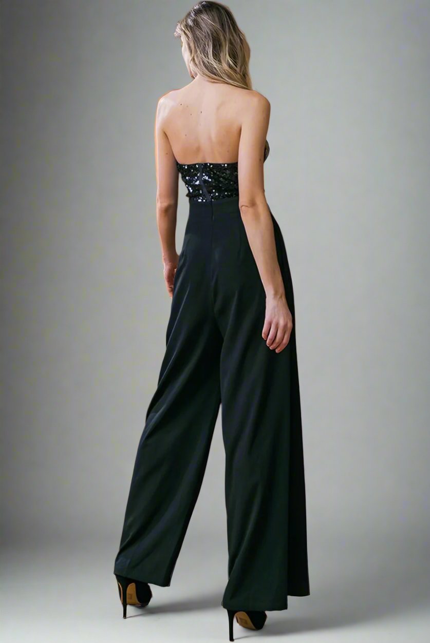 Black Sequin Tube Top Floor Length Wide Leg Jumpsuit