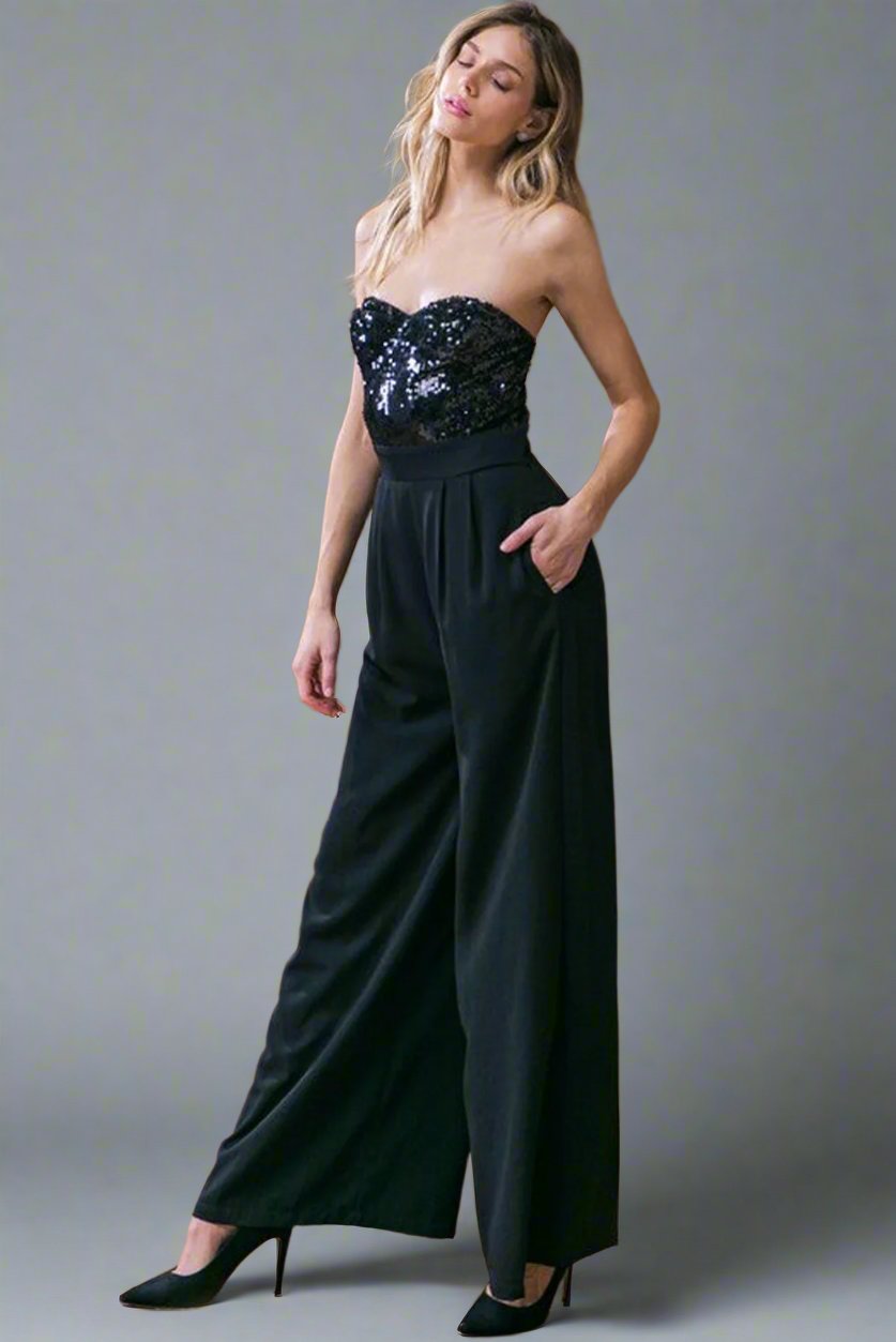 Black Sequin Tube Top Floor Length Wide Leg Jumpsuit