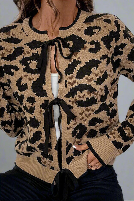 Brown Leopard Print Bow Tie Knit Cardigan