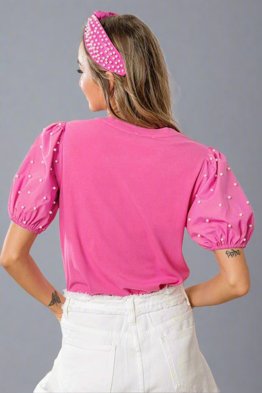 Bright Pink Pearl Beaded Puff Sleeve Ribbed Top