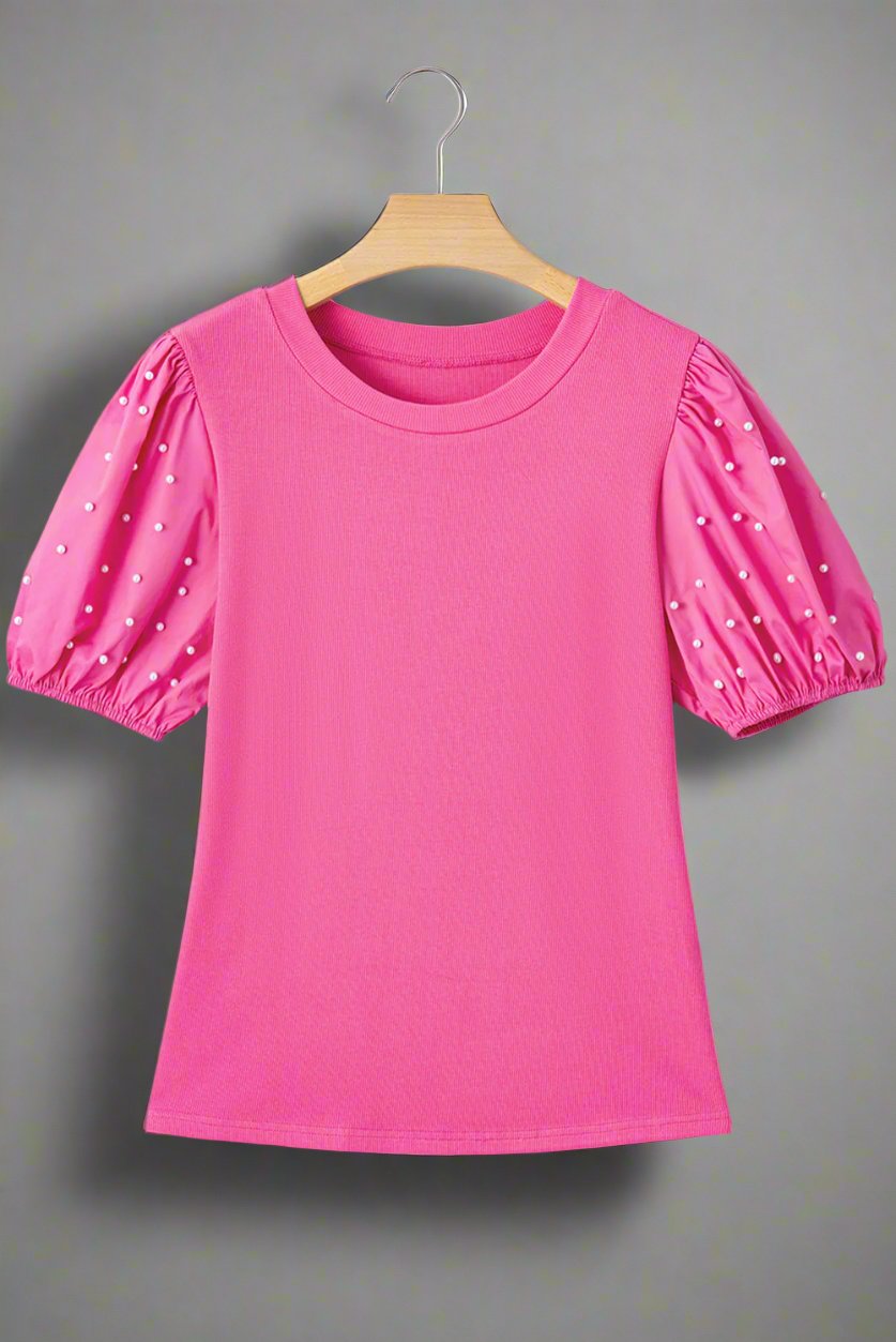 Bright Pink Pearl Beaded Puff Sleeve Ribbed Top