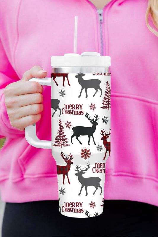 White Merry Christmas Tree Snowflake Elk Print 40 oz Tumbler Cup