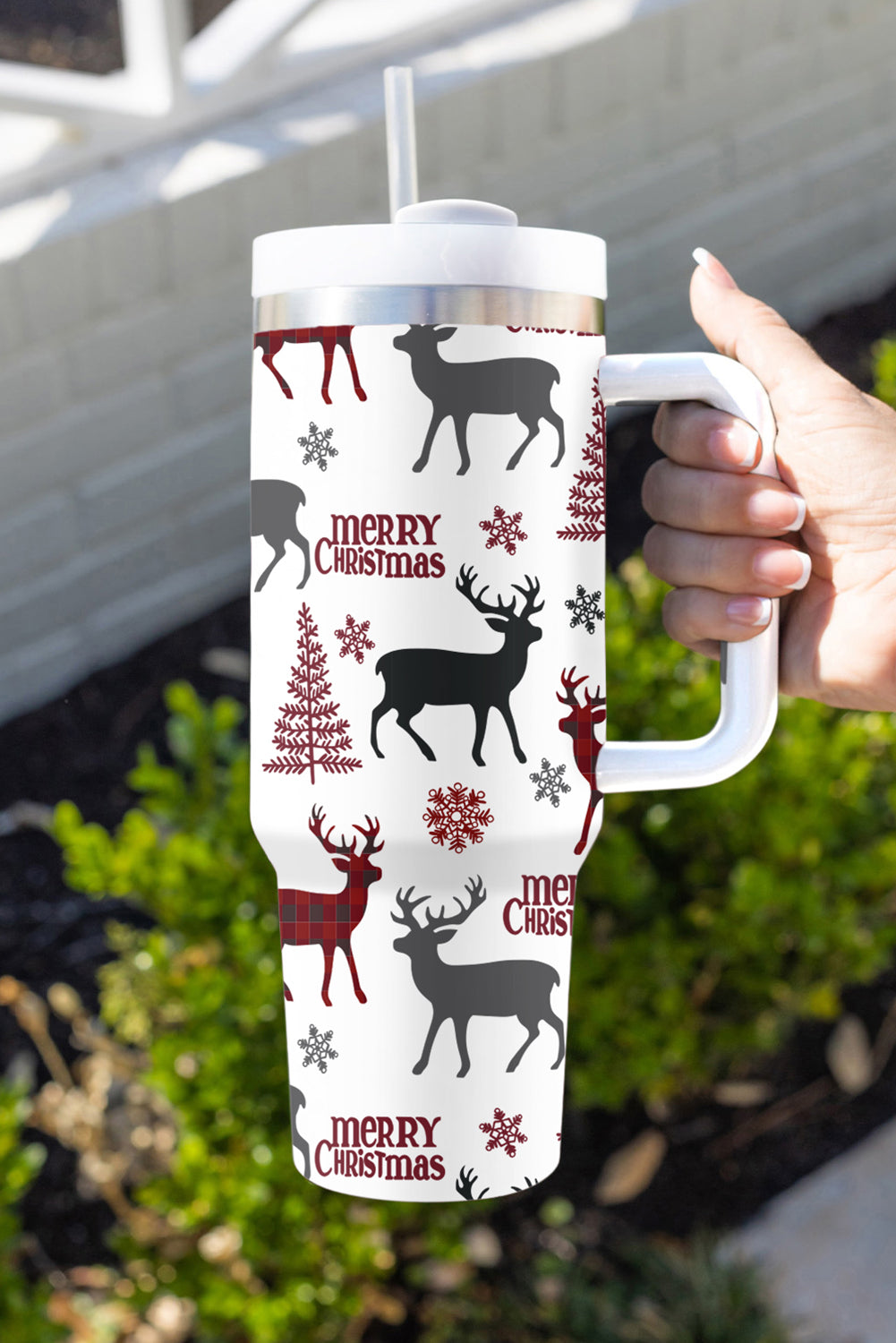 White Merry Christmas Tree Snowflake Elk Print 40 oz Tumbler Cup