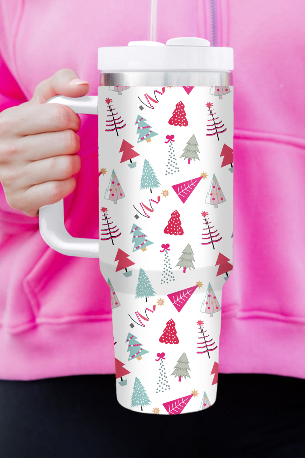 Rose Red Cartoon Christmas Tree Printed Thermos Cup