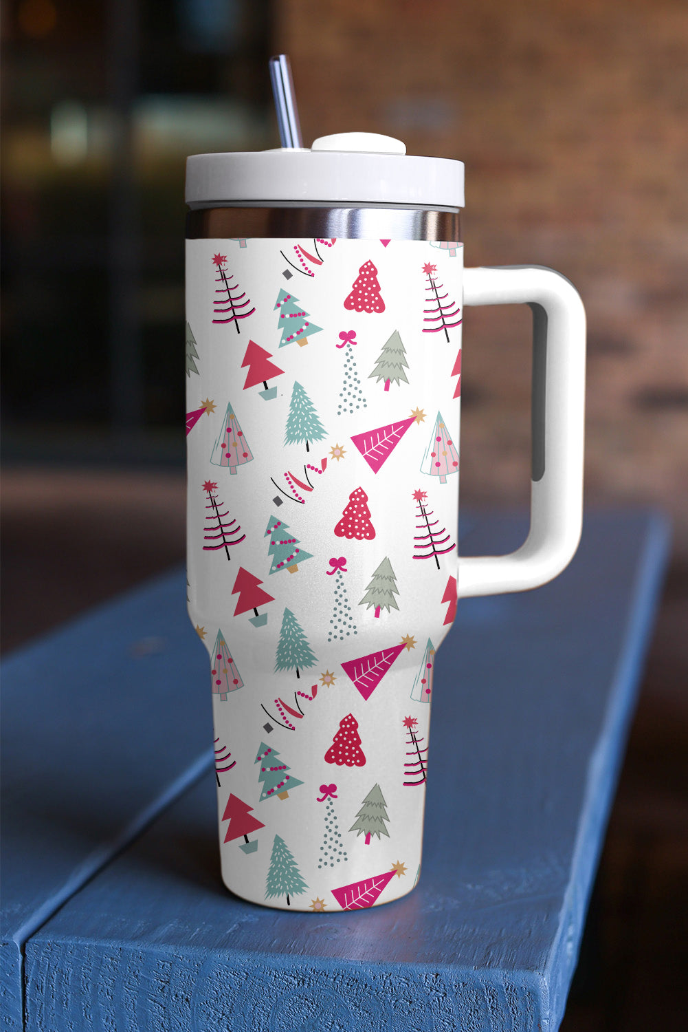 Rose Red Cartoon Christmas Tree Printed Thermos Cup