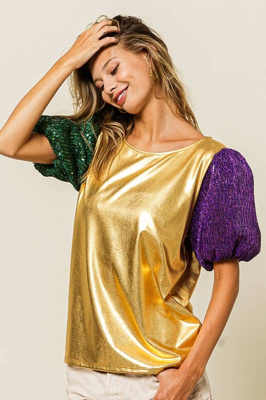 Mardi Gras Metallic Foiled Knit Top: GOLD/GREEN/PURPLE