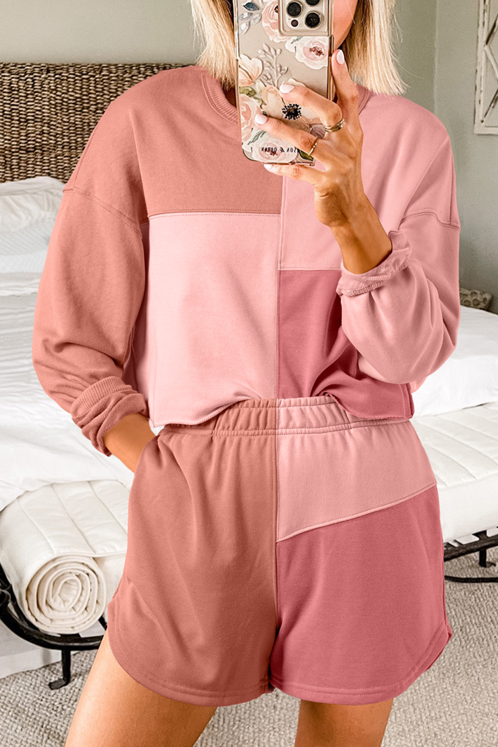 Peach Blossom Colorblock Long Sleeve Top & Pocketed Shorts Set