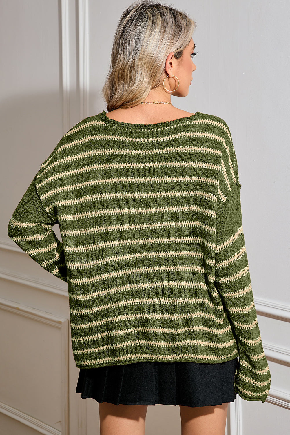 Green Stripe Casual Stripe Round Neck Drop Shoulder Sweater