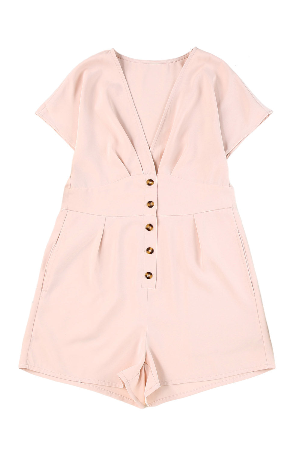 Pink Deep V Neck Buttoned High Waist Romper