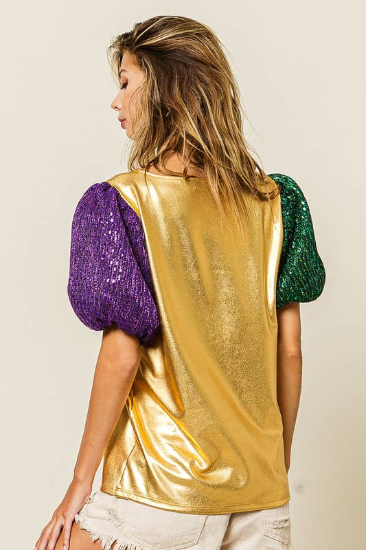 Mardi Gras Metallic Foiled Knit Top: GOLD/GREEN/PURPLE