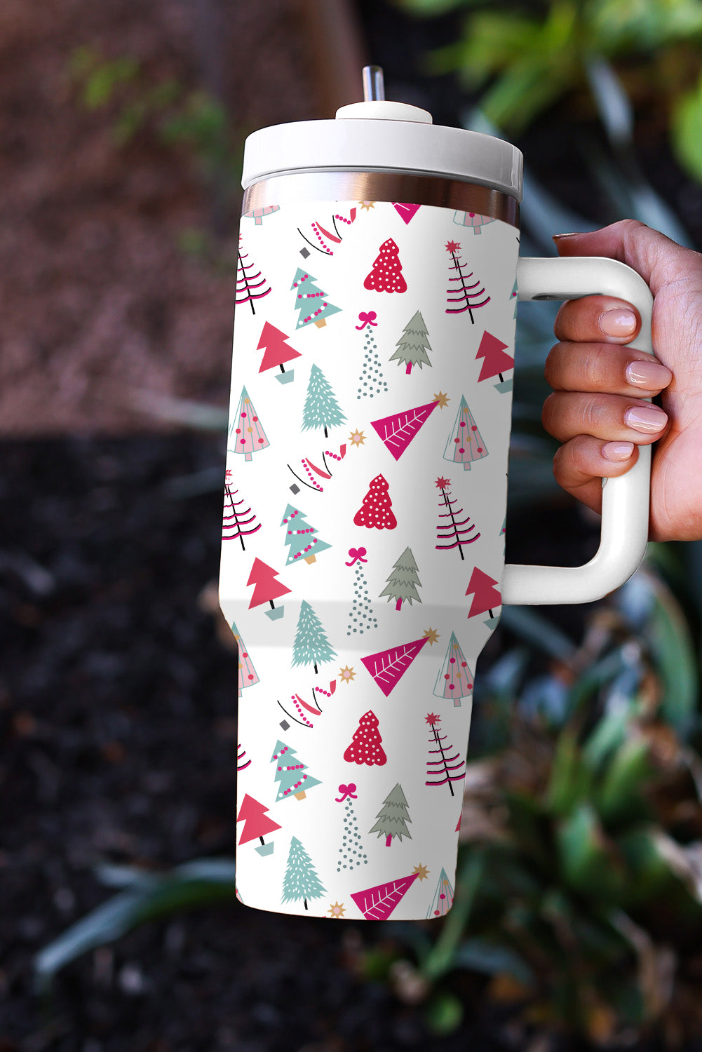 Rose Red Cartoon Christmas Tree Printed Thermos Cup