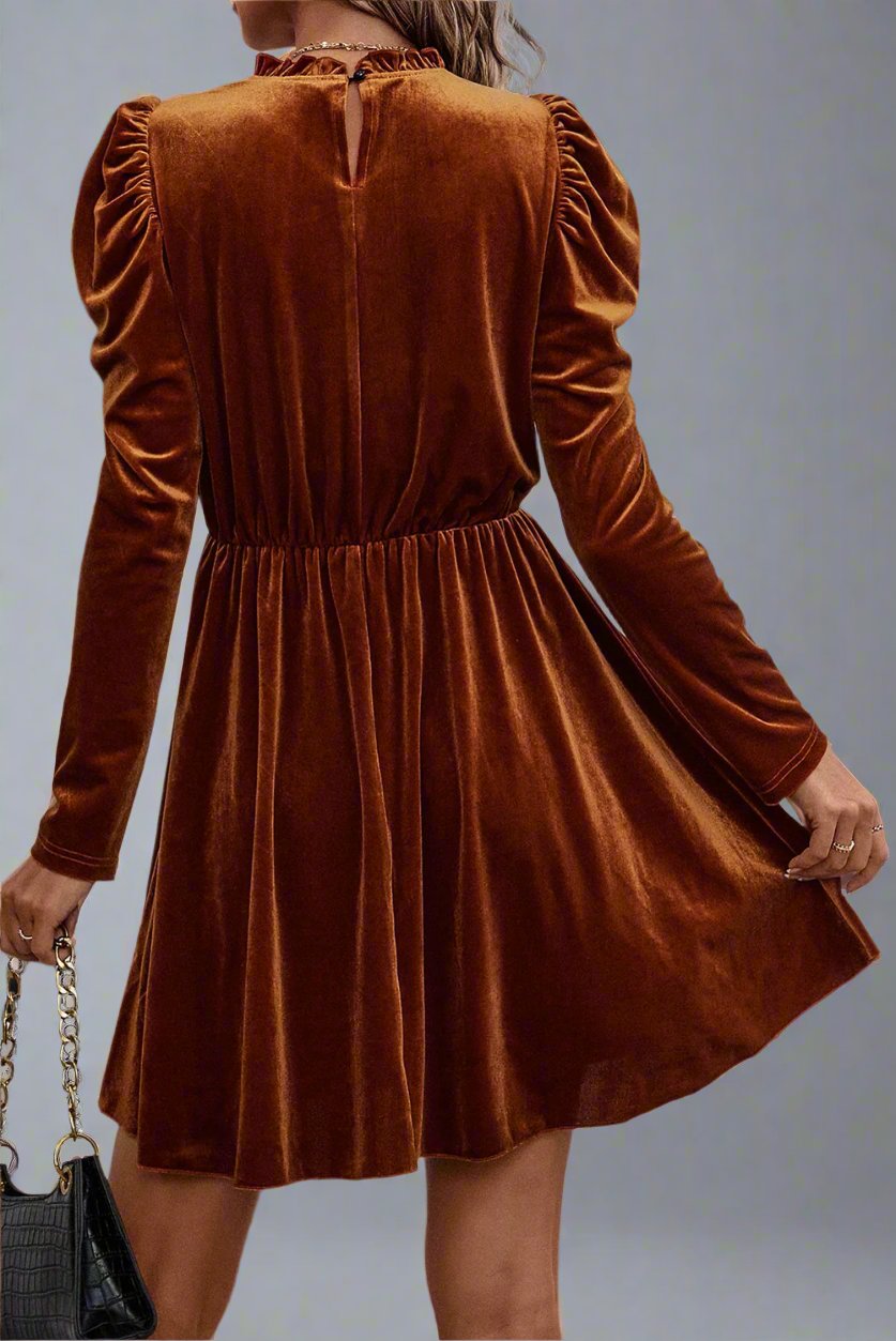 Chestnut Velvet Frilled Neck Gigot Sleeve Swing Dress