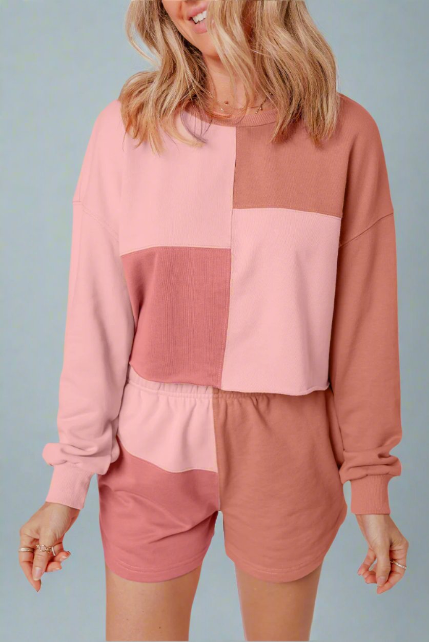 Peach Blossom Colorblock Long Sleeve Top & Pocketed Shorts Set