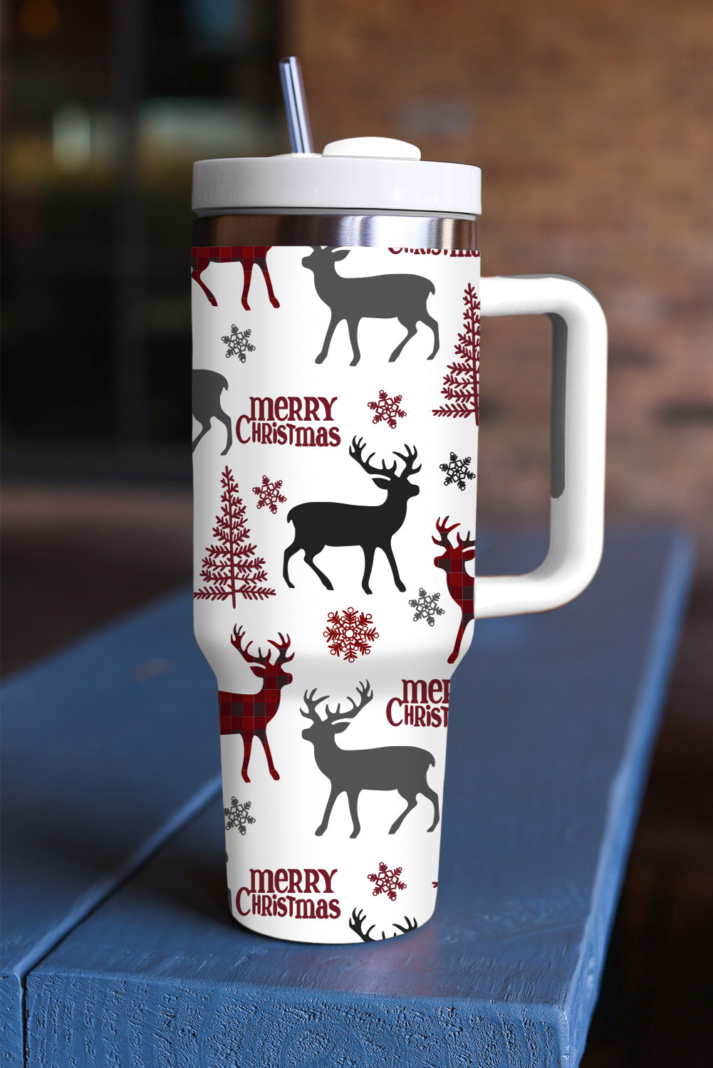 White Merry Christmas Tree Snowflake Elk Print 40 oz Tumbler Cup