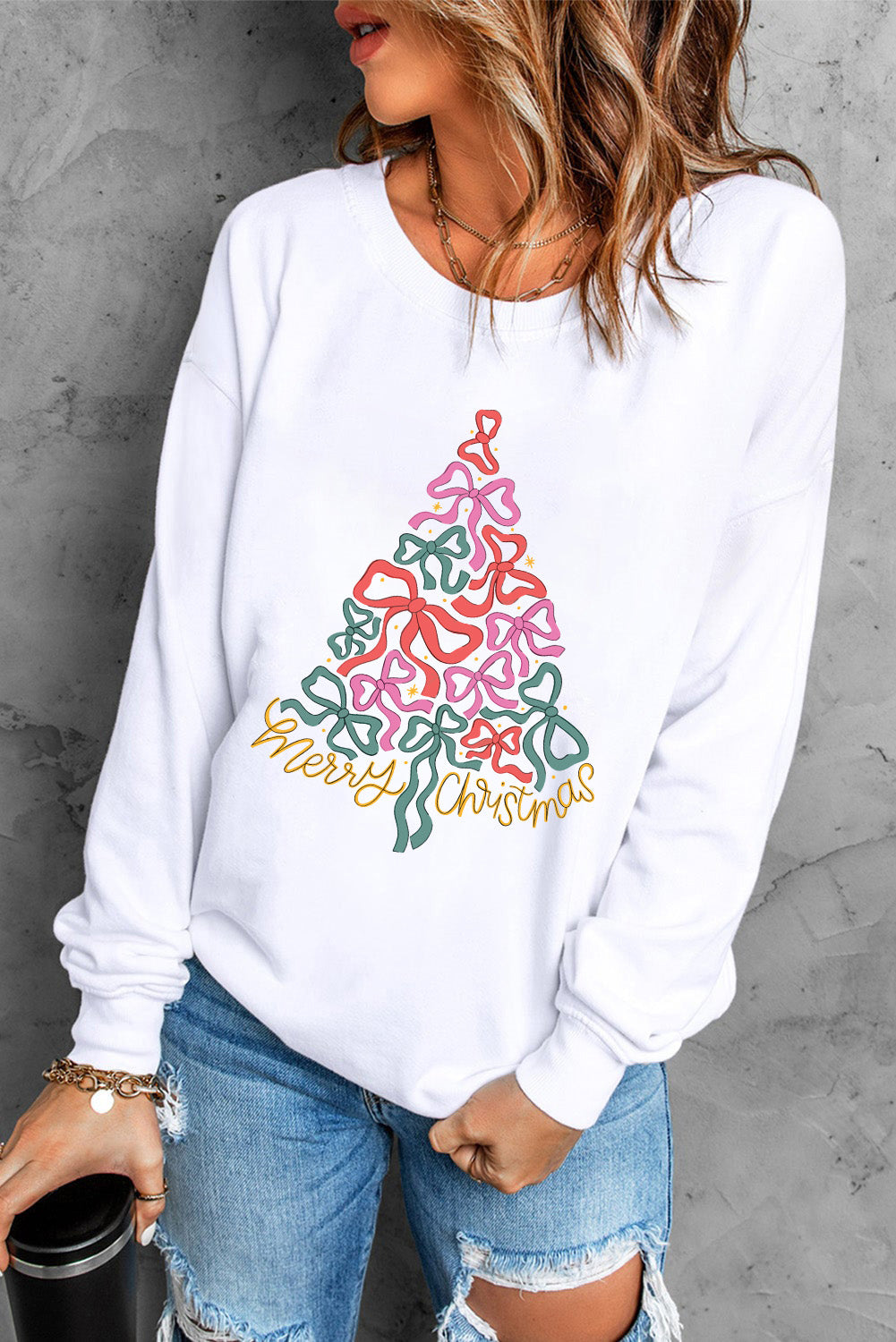 Beige Bow Christmas Tree Print Crew Neck Loose Sweatshirt