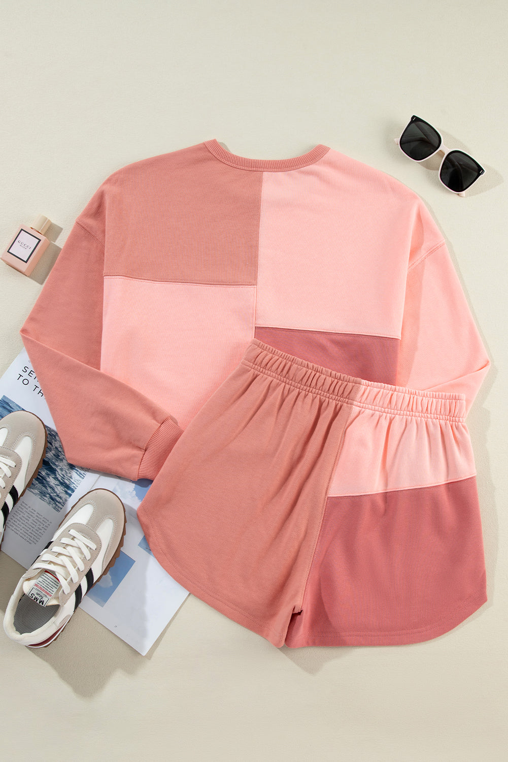 Peach Blossom Colorblock Long Sleeve Top & Pocketed Shorts Set