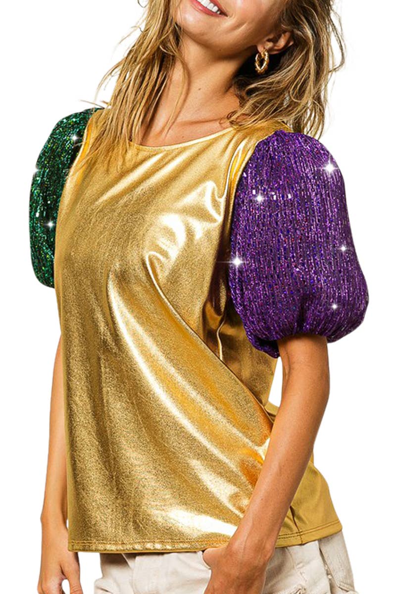 Mardi Gras Metallic Foiled Knit Top: GOLD/GREEN/PURPLE