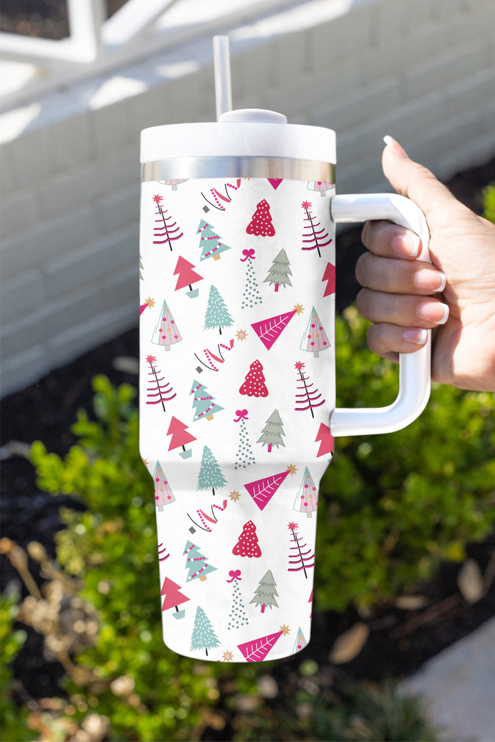 Rose Red Cartoon Christmas Tree Printed Thermos Cup